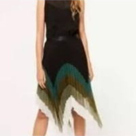 Sisley Color Block Pleated Asymmetrical Midi Dress Black US Size 8 Lined - Picture 1 of 15